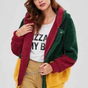 Color Block Faux Fur Hooded Coat - Green