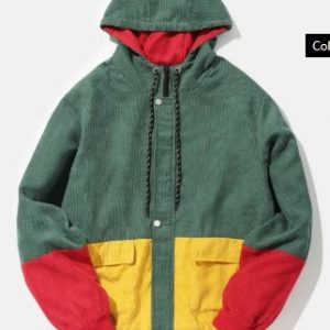 Color Block Patchwork Corduroy Hooded Jacket - Beetle Green