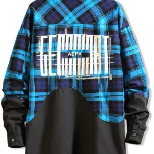 Color Block Splicing Plaid Graphic Long Shirt - Blue