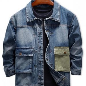 Color Block Splicing Pocket Patchwork Denim Jacket - Denim Blue