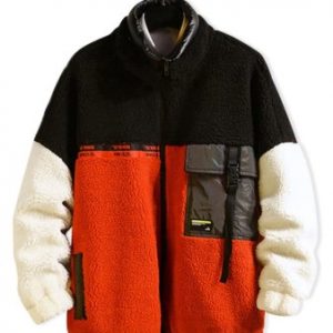 Color Blocking Drop Shoulder Faux Fur Fluffy Jacket - Black