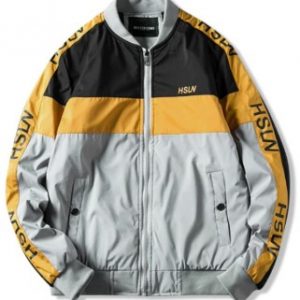 Color Blocking Panel Letter Padded Jacket - Gray