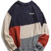 Color-blocking Cable Knit Drop Shoulder Sweater - Blue