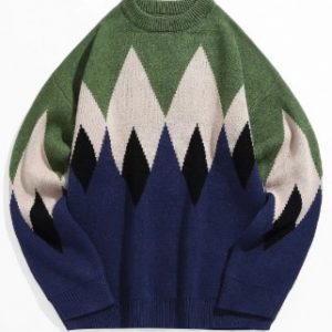 Colorblock Geometric Graphic Crew Neck Pullover Sweater - Medium Forest