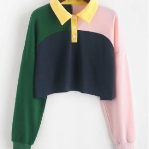 Colorblock Half Button Crop Sweatshirt