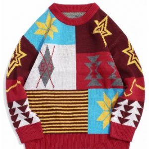 Colorblock Panel Snowflake Christmas Pullover Sweater - Red