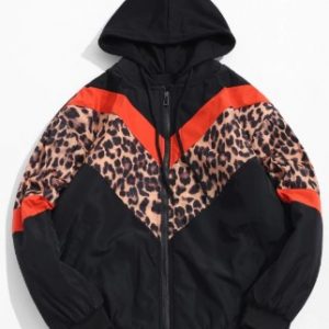 Colorblock Spliced Leopard Chevron Print Hooded Quilted Jacket - Tiger