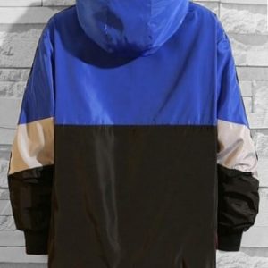 Colorblock Spliced Letter Graphic Half Zipper Pullover Hooded Jacket