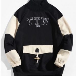 Colorblock Spliced Letter Raglan Sleeve Fleece Sweatshirt - Black