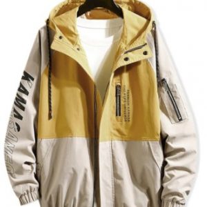 Colorblock Spliced Letter Raglan Sleeve Hooded Jacket - Corn Yellow