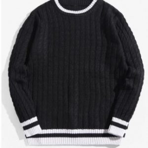 Colorblock Stripes Cable Knit Pullover Sweater - Black