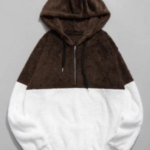 Colorblocking Spliced Half Zipper Faux Fur Hoodie