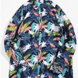 Colored Plant Leaf Print Long Sleeve Vacation Shirt - Multi