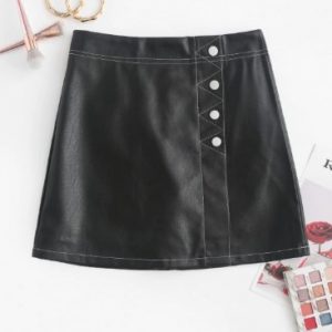 Contrast Stitching Buttoned PU Leather Mini Skirt - Black