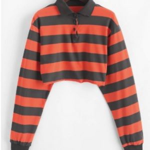 Contrast Striped Crop Half Button Sweatshirt