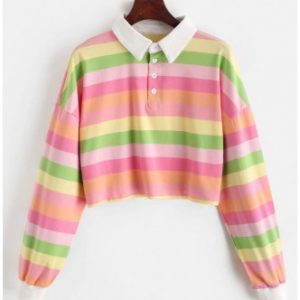 Contrast Striped Rainbow Half Button Crop Sweatshirt