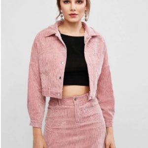 Corduroy Drop Shoulder Pocket Skirt Set - Pink