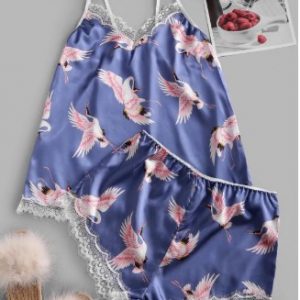 Crane Print Lace Panel Satin Pajama Set