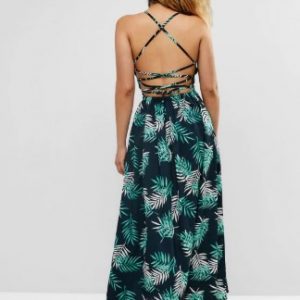 Criss Cross Leaf Print Slit Beach Dress