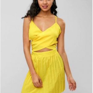 Criss Cross Pleated Panel Cami Dress - Yellow