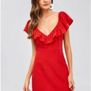 Criss Cross Ruffles Plain Dress - Red