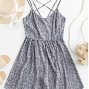 Criss Cross Strappy Ditsy Floral Cami Dress - Blue Gray