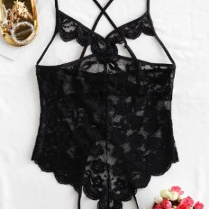 Crisscross Cupless Scalloped Lace Teddy