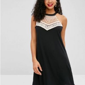 Crochet Panel Sleeveless Mini Dress - Black