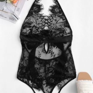 Crotchless Tie Halter Lace Teddy