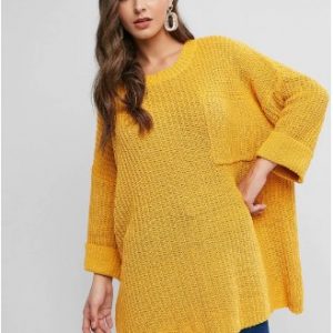 Cuffed Front Pocket Oversized Pullover Sweater - Saffron