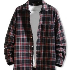 Curved Hem Plaid Print Pocket Long Sleeve Button Shirt