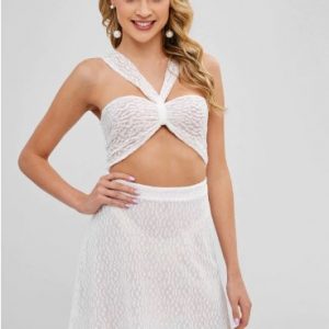 Cut Out Sheer Lace Mini Dress - White