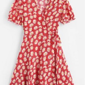 Daisy Print Wrap Mini Dress