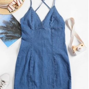 Denim Criss Cross Back Mini Bodycon Dress