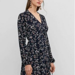 Ditsy Floral Flounce Long Sleeve Wrap Dress