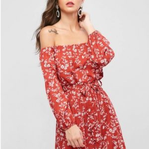 Ditsy Print Off The Shoulder Smock Dress - Chestnut Red