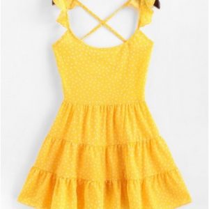 Dotted Lace Up Criss Cross Mini Dress - Yellow