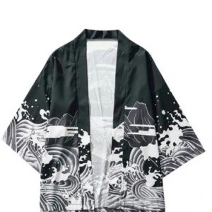 Dragon And Wave Print Collarless Kimono Cardigan - Black