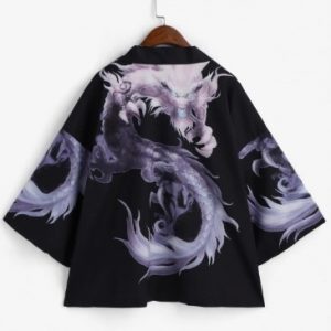 Dragon Print Drop Shoulder Open Front Kimono Cardigan - Black