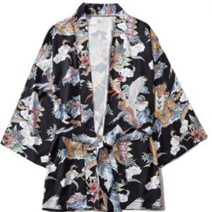 Dragon Tiger Eagle Graphic Print Open Front Kimono Cardigan - Black