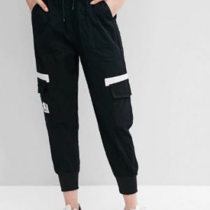 Drawstring Flap Pocket Casual Jogger Pants - Black