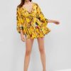 Drawstring Floral Mini Surplice Dress