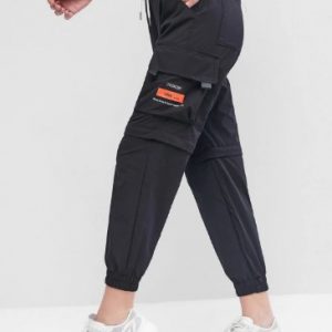 Drawstring Letter Cargo Jogger Pants - Black