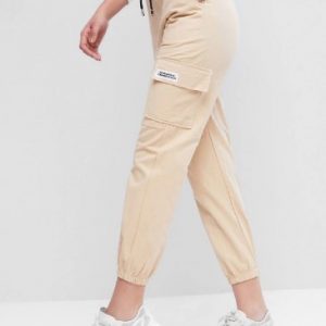 Drawstring Letter Graphic Cargo Jogger Pants - Light Khaki