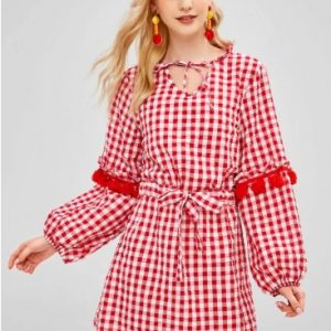 Drawstring Plaid Tassels Casual Dress - Red