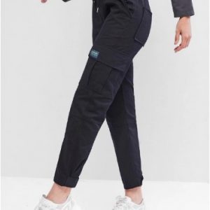 Drawstring Pockets Cargo Ninth Pants - Black