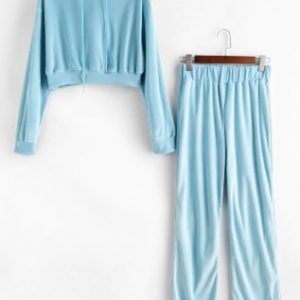 Drawstring Velvet Cropped Two Piece Set