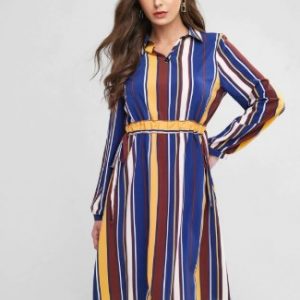 Drawstring Waist Long Sleeve Stripes Work Dress