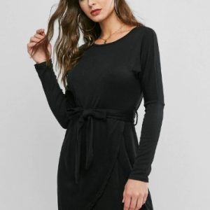 Drop Shoulder Belted Faux Wrap Dress - Black