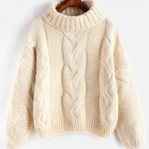 Drop Shoulder Cable Knit Turtleneck Chunky Sweater - Warm White